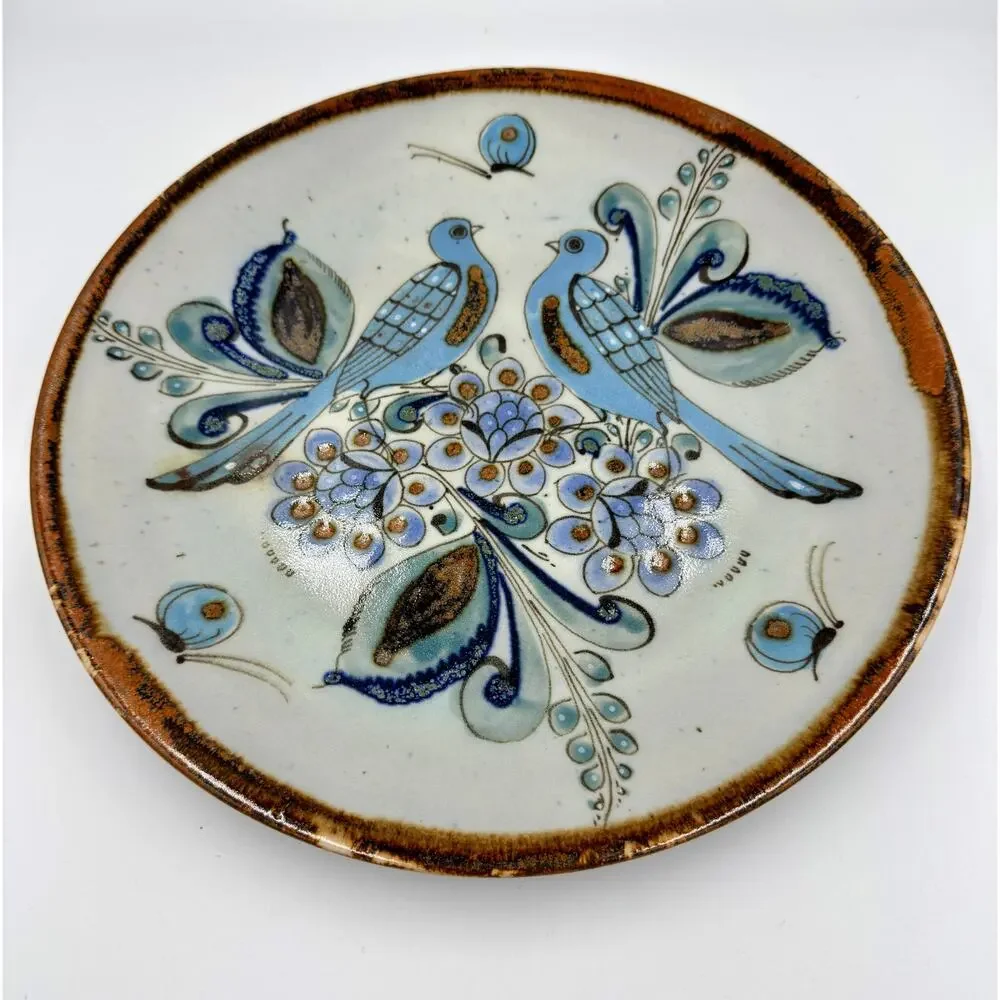 1950s Folk-Art Ken Edwards Tonala Pottery Hand Painted Bird Serving Chop Plate